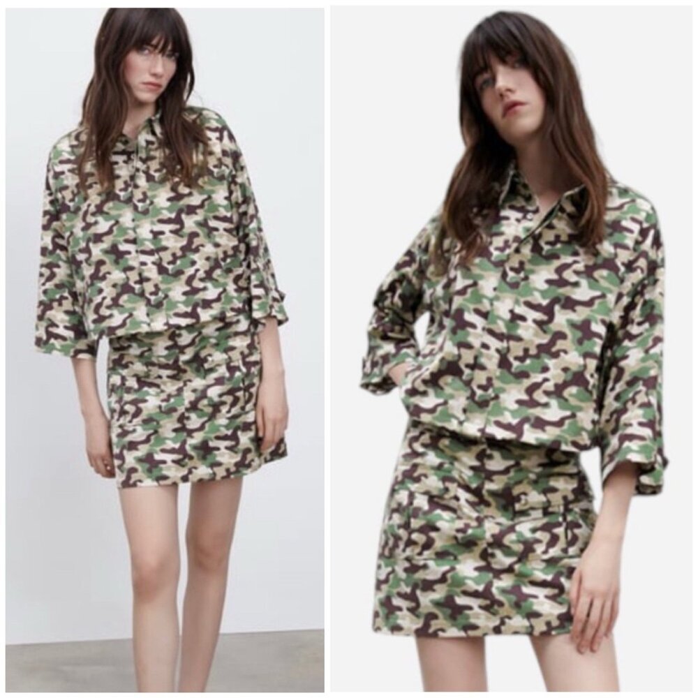 🌟NWT Zara Camo Utility Crop Military Jacket Skirt Matching Set Small /‎ Large